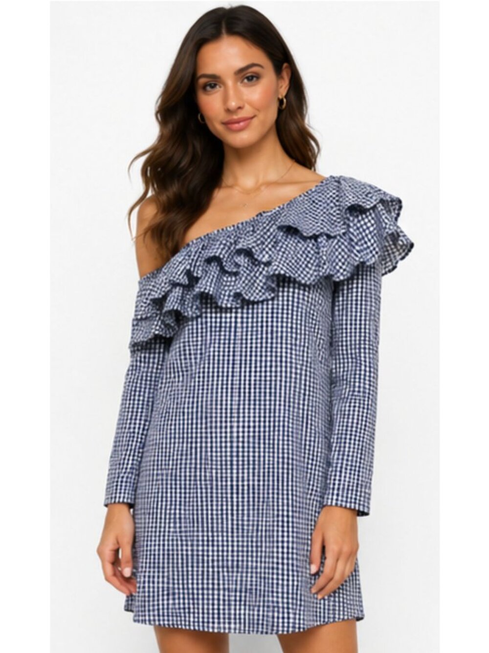 Adelyn Rae Navy Gingham Ruffle One Shoulder Dress Size Small